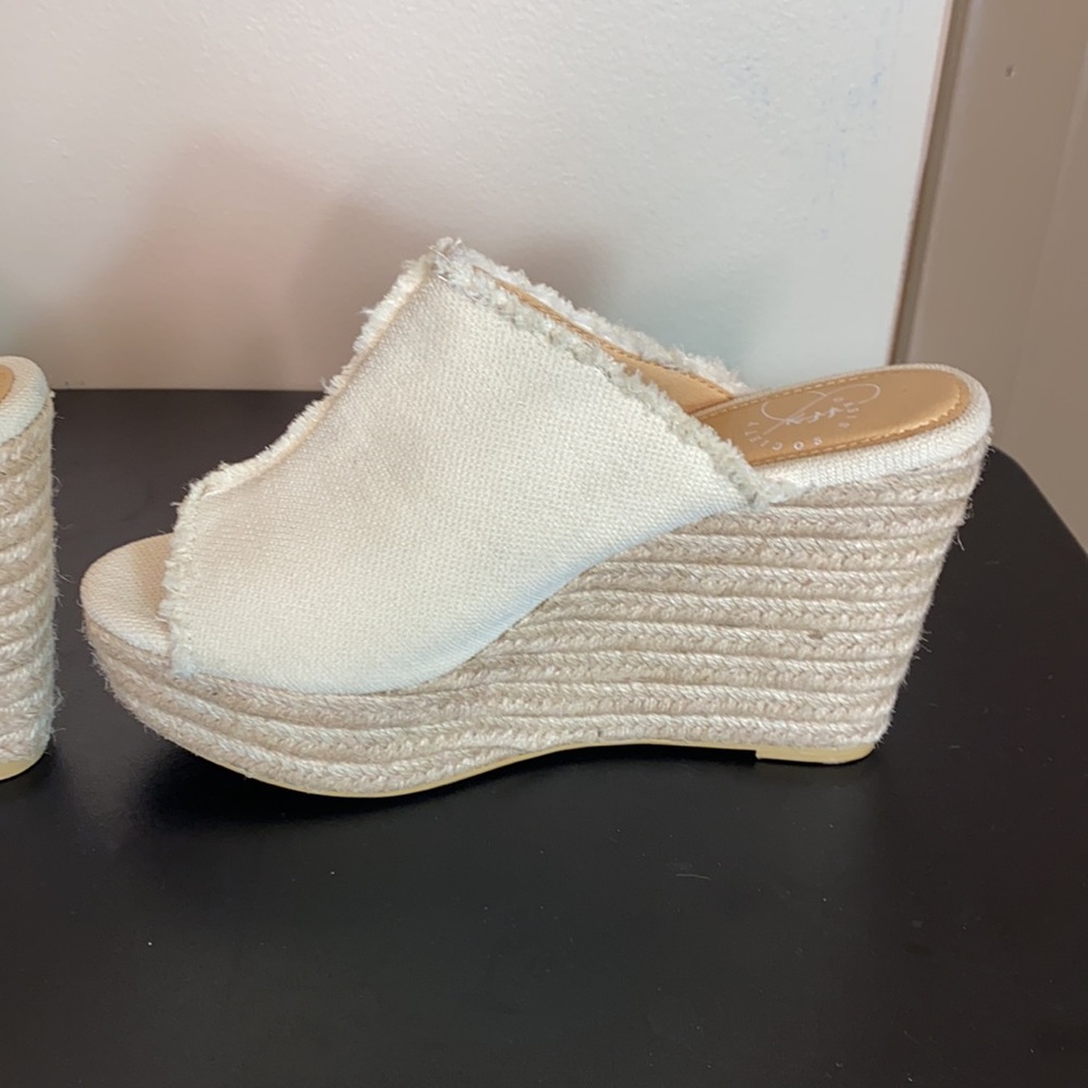 Women’s Cream Frayed Espadrille Wedge Slides - Picture 6 of 11